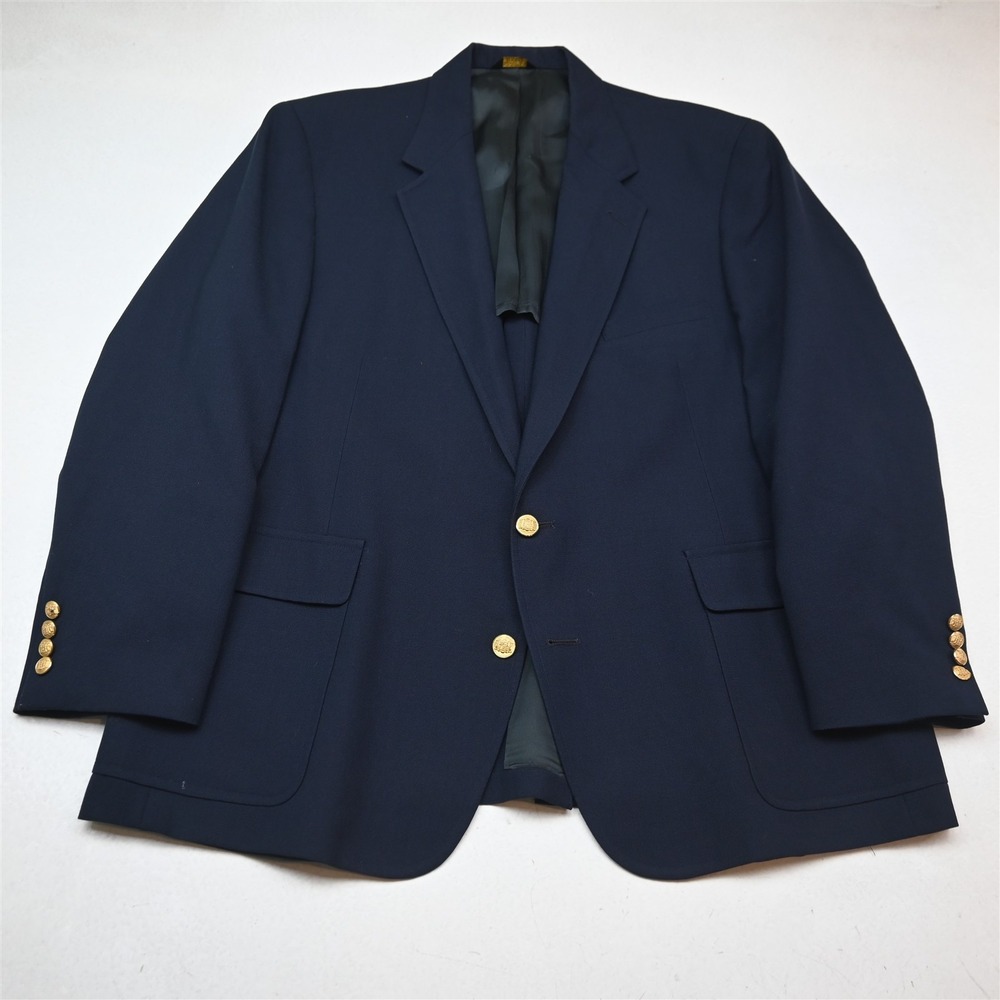 Vtg USA 50R Navy Blue Hopsack Gold Button Mens Blazer Suit Jacket Sport Coat